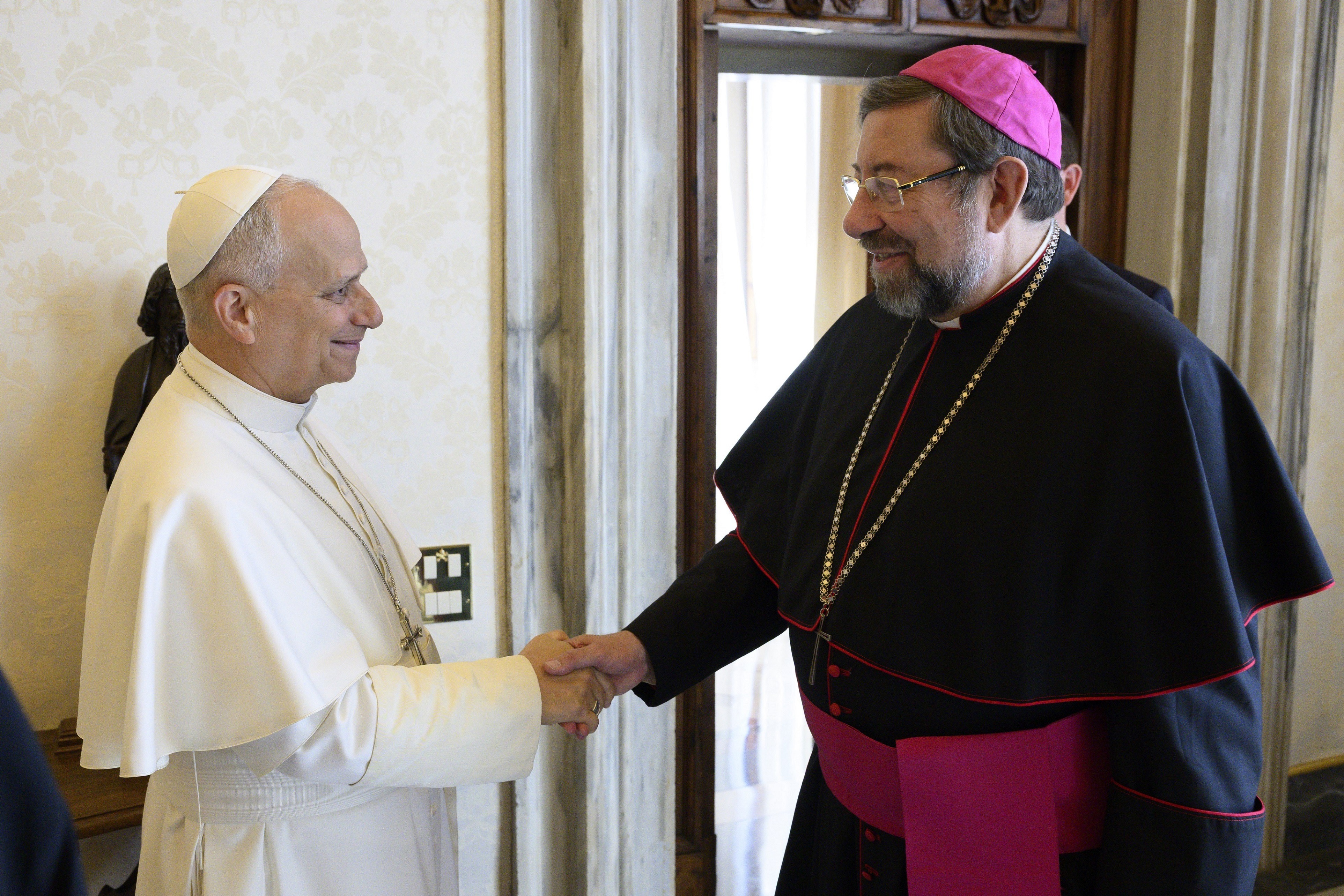 Mgr Jean-Pierre Delville salue le pape Léon XIV lors de l’audience privée