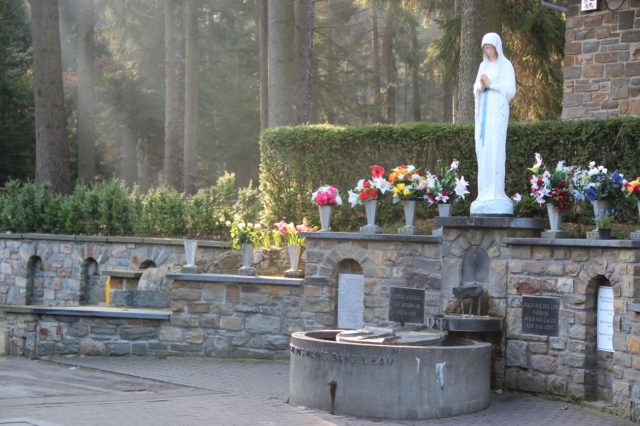 Au sanctuaire de Banneux, la statue blanche de la Vierge des Pauvres, mains jointes, se dresse au-dessus de la source, entre des vases de fleurs, devant un bois de sapins traversé par la lumière