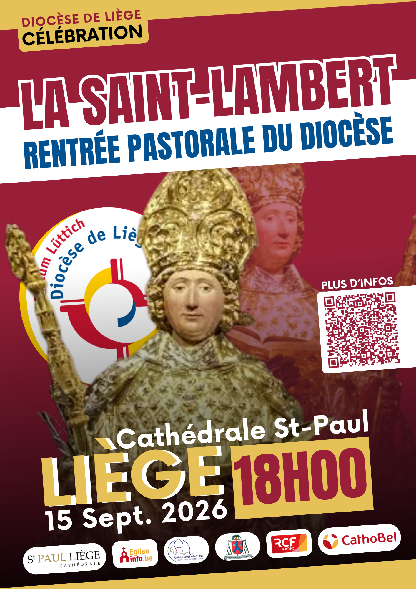 Affiche de la fête de la Saint-Lambert, mardi 15 septembre 2026 à 18h en la cathédrale Saint-Paul de Liège