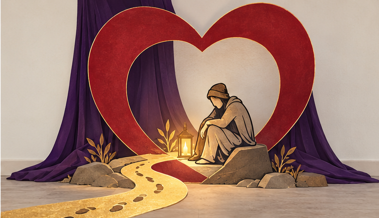 Visuel du deuxième dimanche de l'Avent. Dans le grand cœur rouge, la personne pauvre est toujours assise sur sa pierre, près de sa lanterne. Un chemin doré, marqué d'empreintes de pas, vient désormais jusqu'à elle