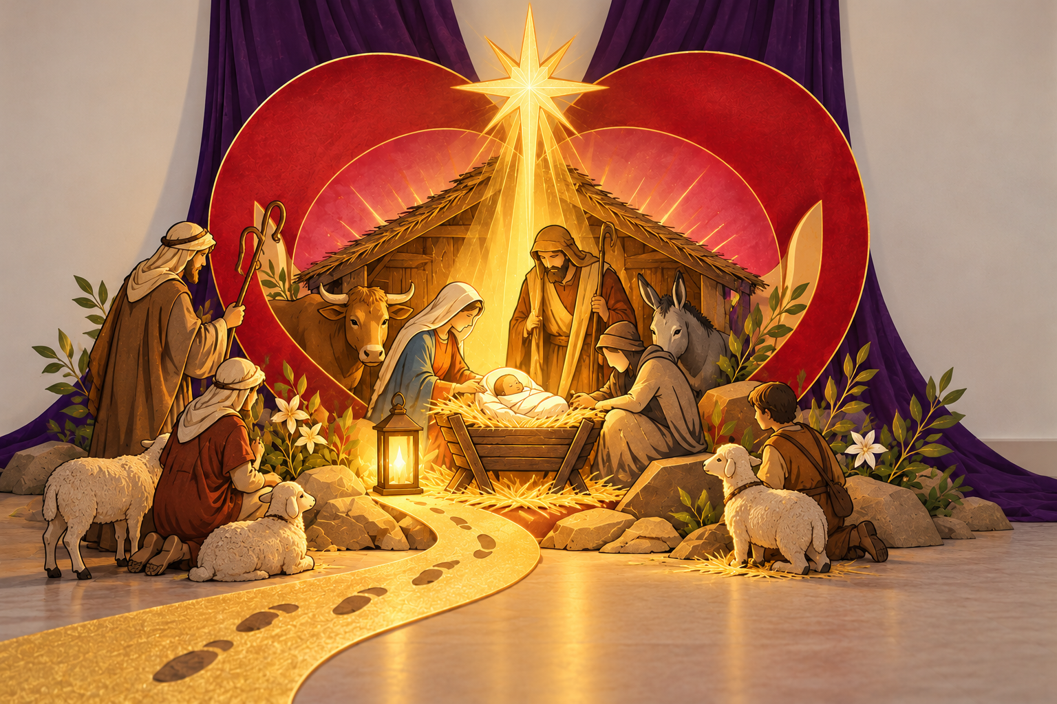 Visuel de Noël. Dans le grand cœur rouge, sous l'étoile, la crèche. L'Enfant Jésus repose dans la mangeoire, entre Marie, agenouillée à gauche, et la personne pauvre, agenouillée à droite, sous le regard de Joseph, du bœuf et de l'âne. Des bergers et leurs moutons s'approchent, et le chemin doré mène jusqu'à eux