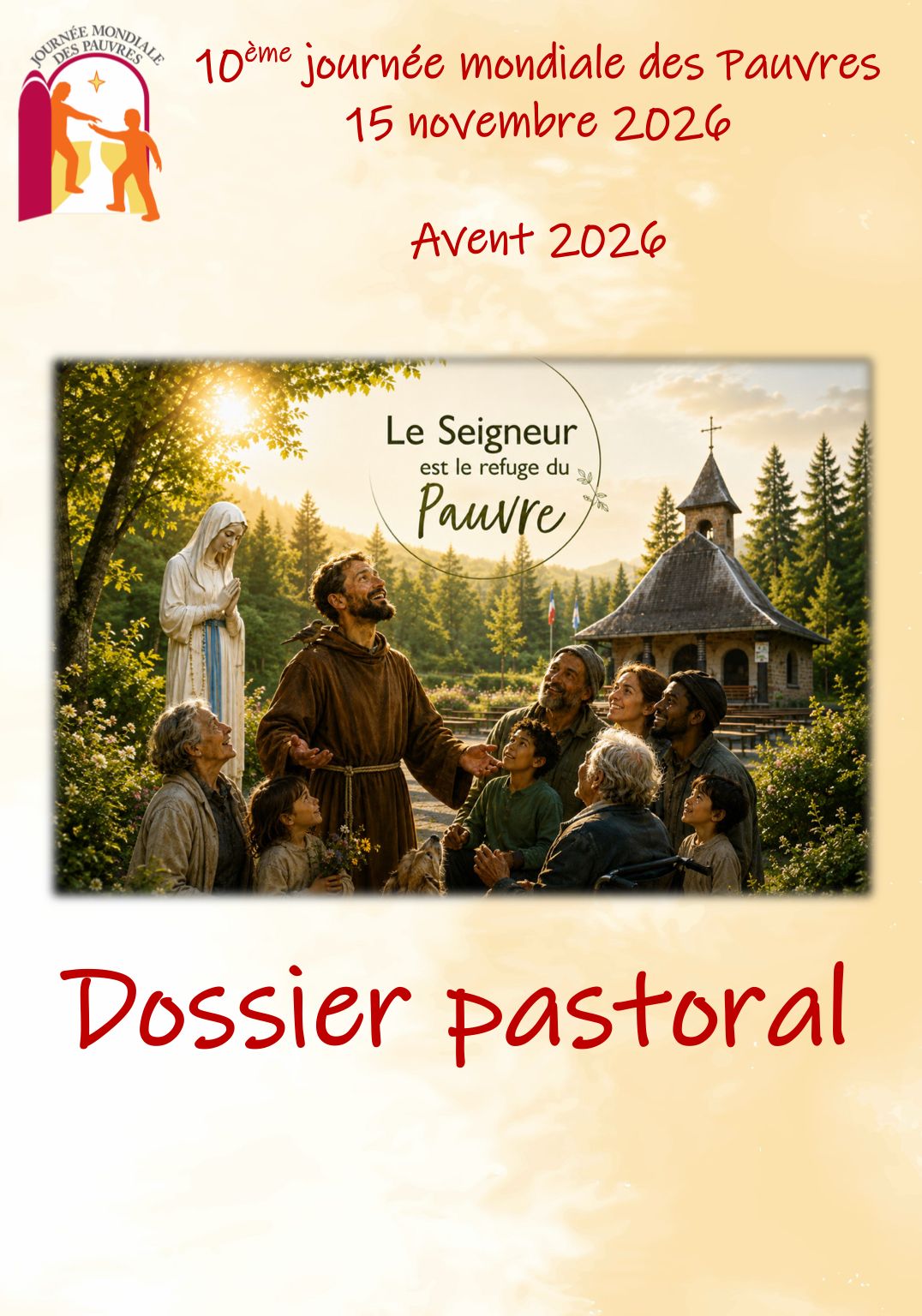 Couverture du dossier pastoral de la 10e Journée mondiale des pauvres et de l'Avent 2026. Sous le thème « Le Seigneur est le refuge du pauvre », un frère en habit brun, un oiseau sur l'épaule, entouré d'enfants, de personnes âgées et d'une personne en fauteuil roulant, devant la statue de la Vierge des Pauvres et la chapelle de Banneux