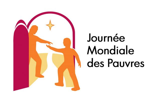 Logo de la Journée mondiale des pauvres. Sous une étoile, une silhouette se tient sur le seuil d'une porte grande ouverte et tend la main à une autre, qui s'approche
